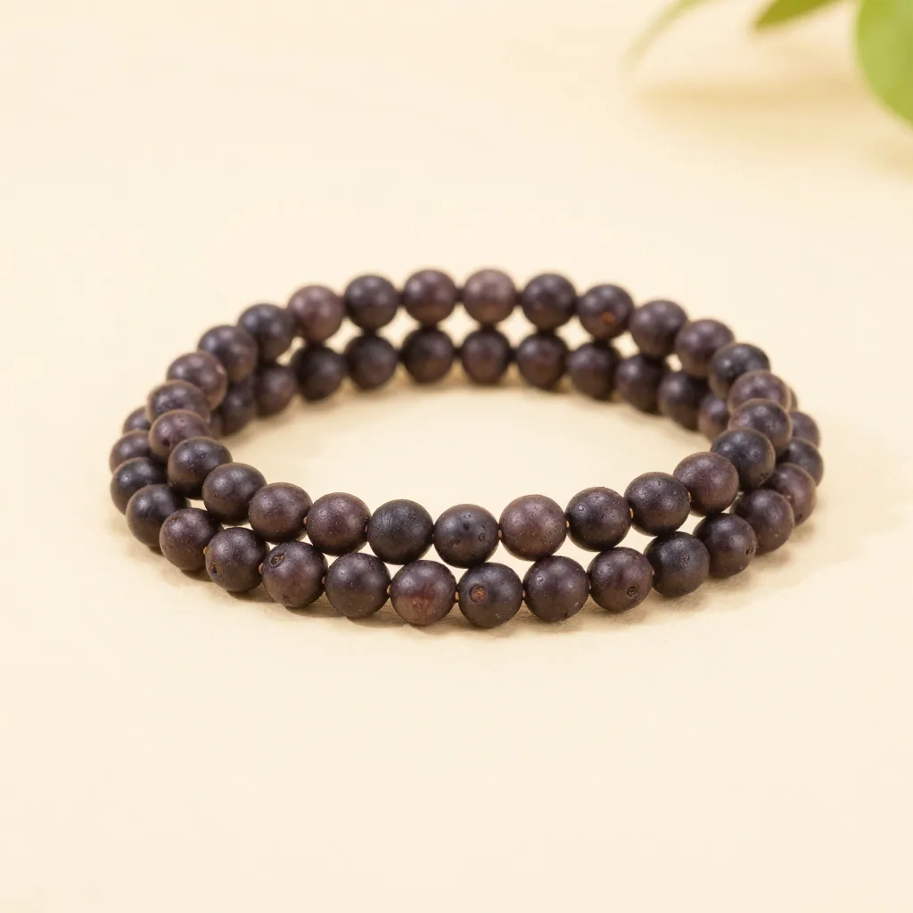 A stack of three açaí seed bracelets on a light background