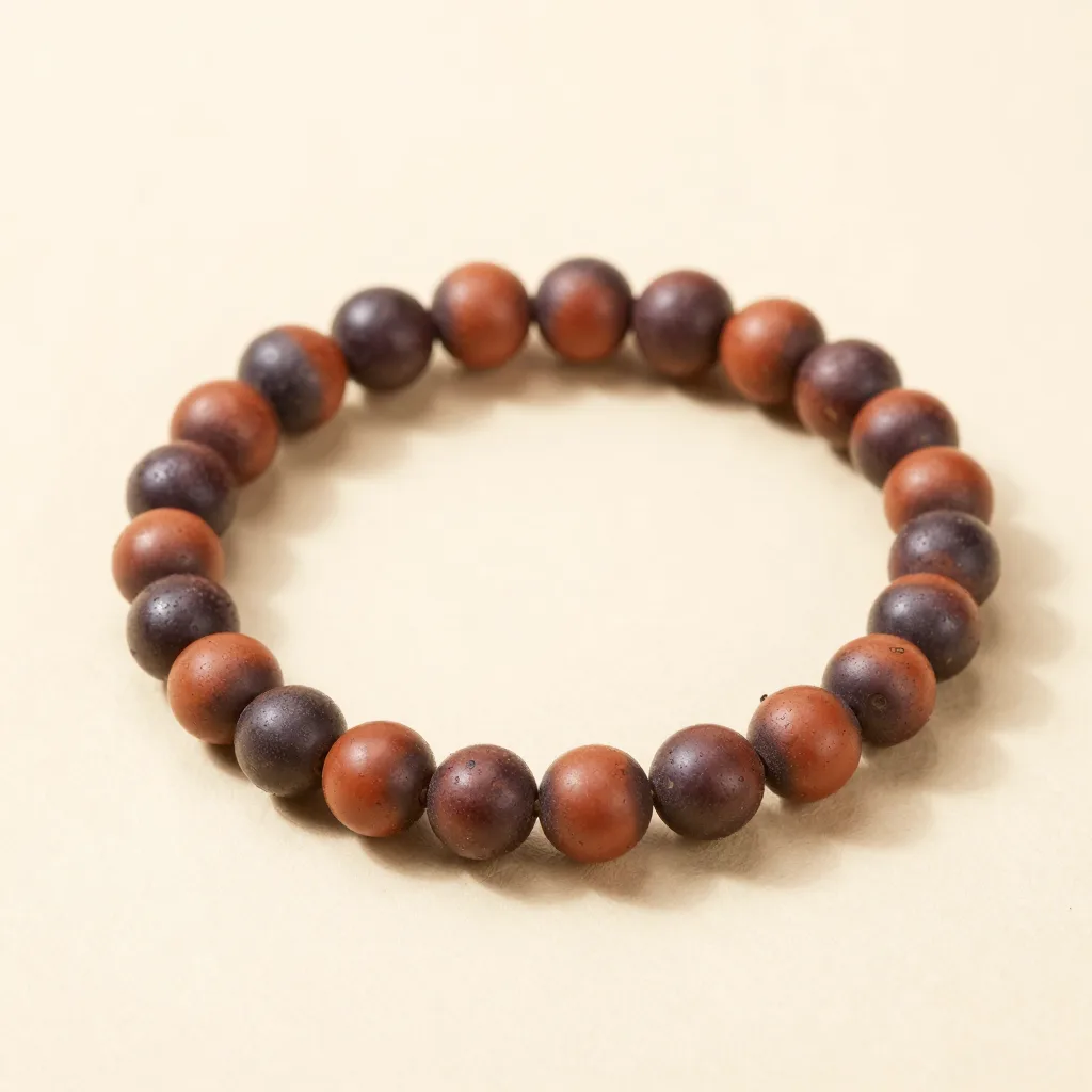 A terracotta coloured açaí seed bracelet on a light background