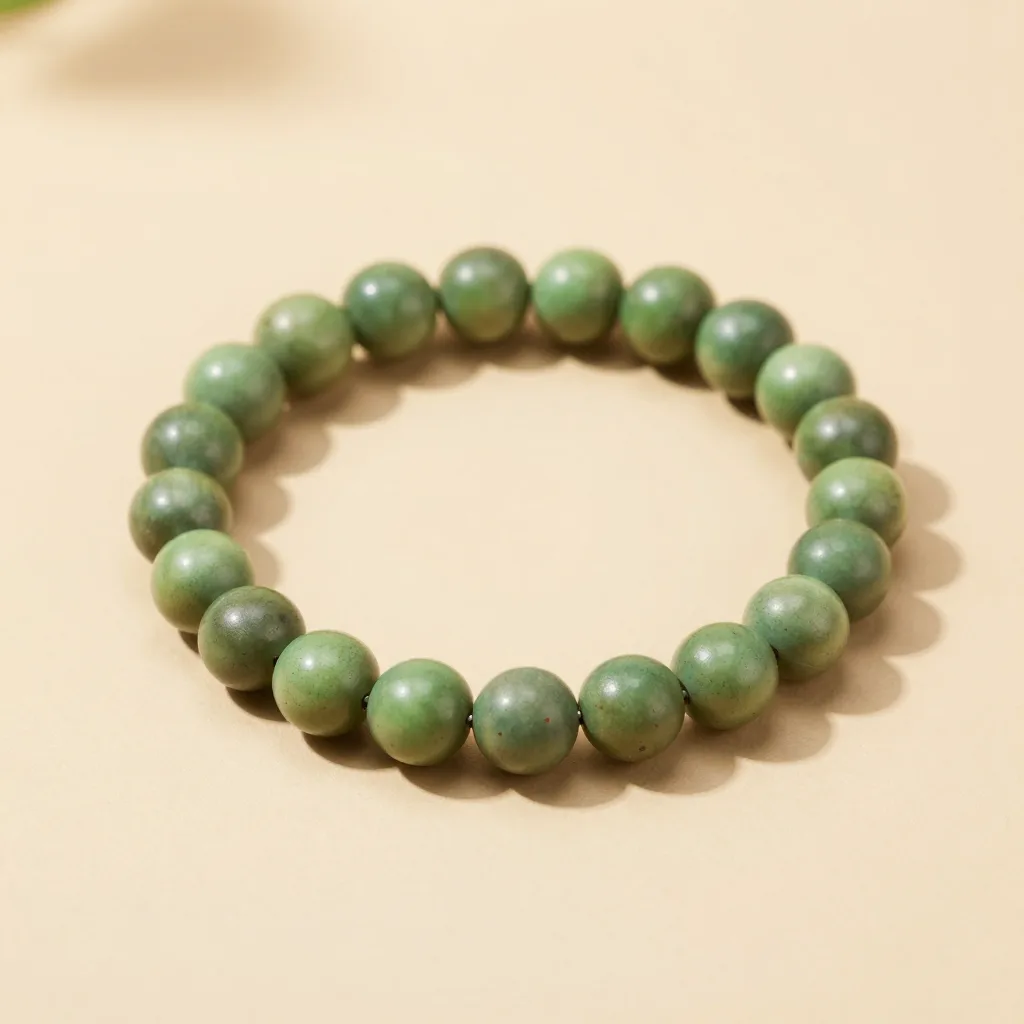 A moss green açaí seed bracelet on a light background